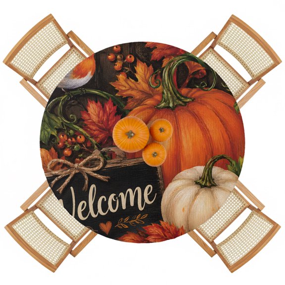 Thanksgiving Pumpkin Fall Harvest Round Fitted Tablecloth with Elastic Edge,Waterproof Table Cloth Fits 45"-54" Tables,Wipeable Washable Table Cover for Indoor Outdoor Dinning Party,Maple Leaf Berry