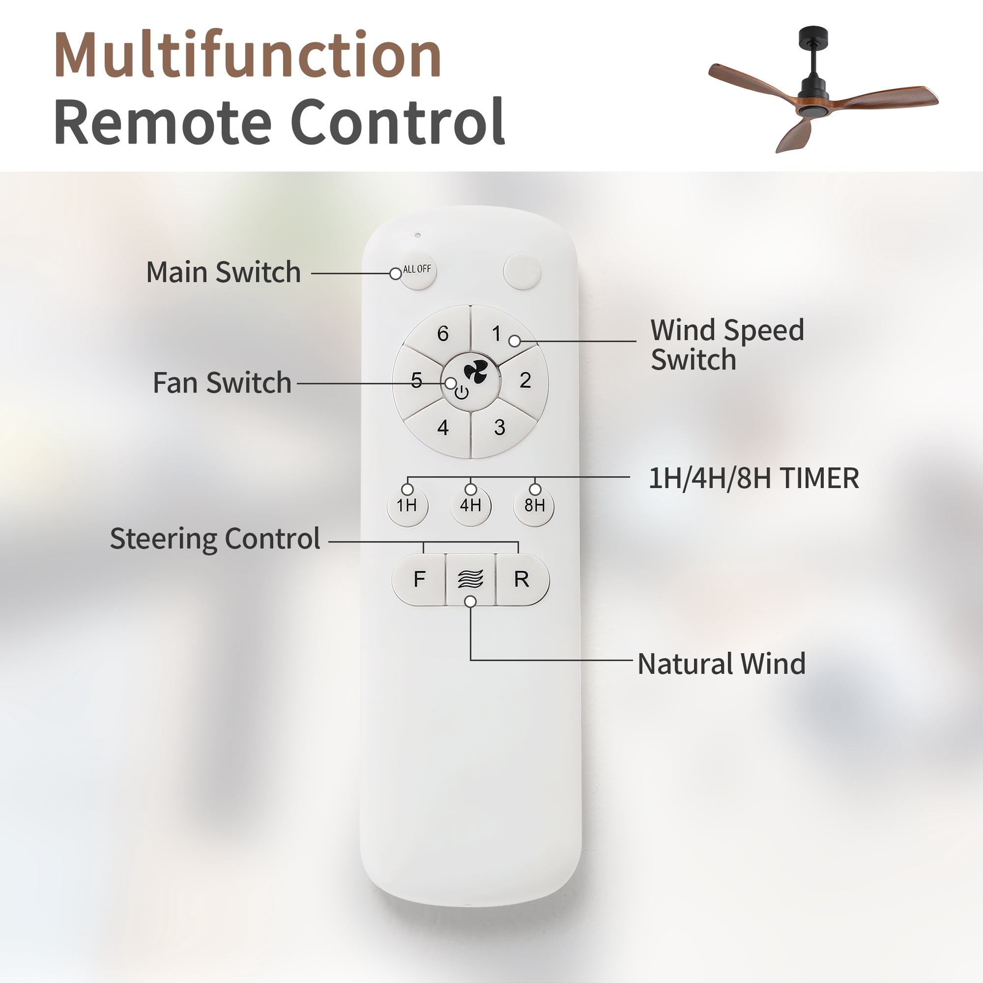 Jopath 48 Inch Ceiling Fan Without Light, 3 Solid Wood Blades Indoor and Outdoor Ceiling Fan 6-speed Reversible DC Motor for Indoor Living Room Bedroom Outside Patios Pergola