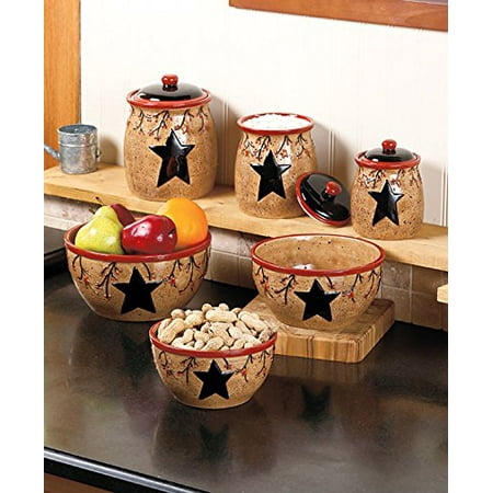 Set Of 6 Primitive Rustic Star Amp Amp Berries Ceramic Canisters