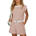 thumbnail image 2 of UAMVSH Rompers for Women Fashionable Stripe Printed Short Jumpsuit Cap Sleeve Crew Neck Pockets Jumpers Clothes with Adjustable Drawstring, 2 of 4