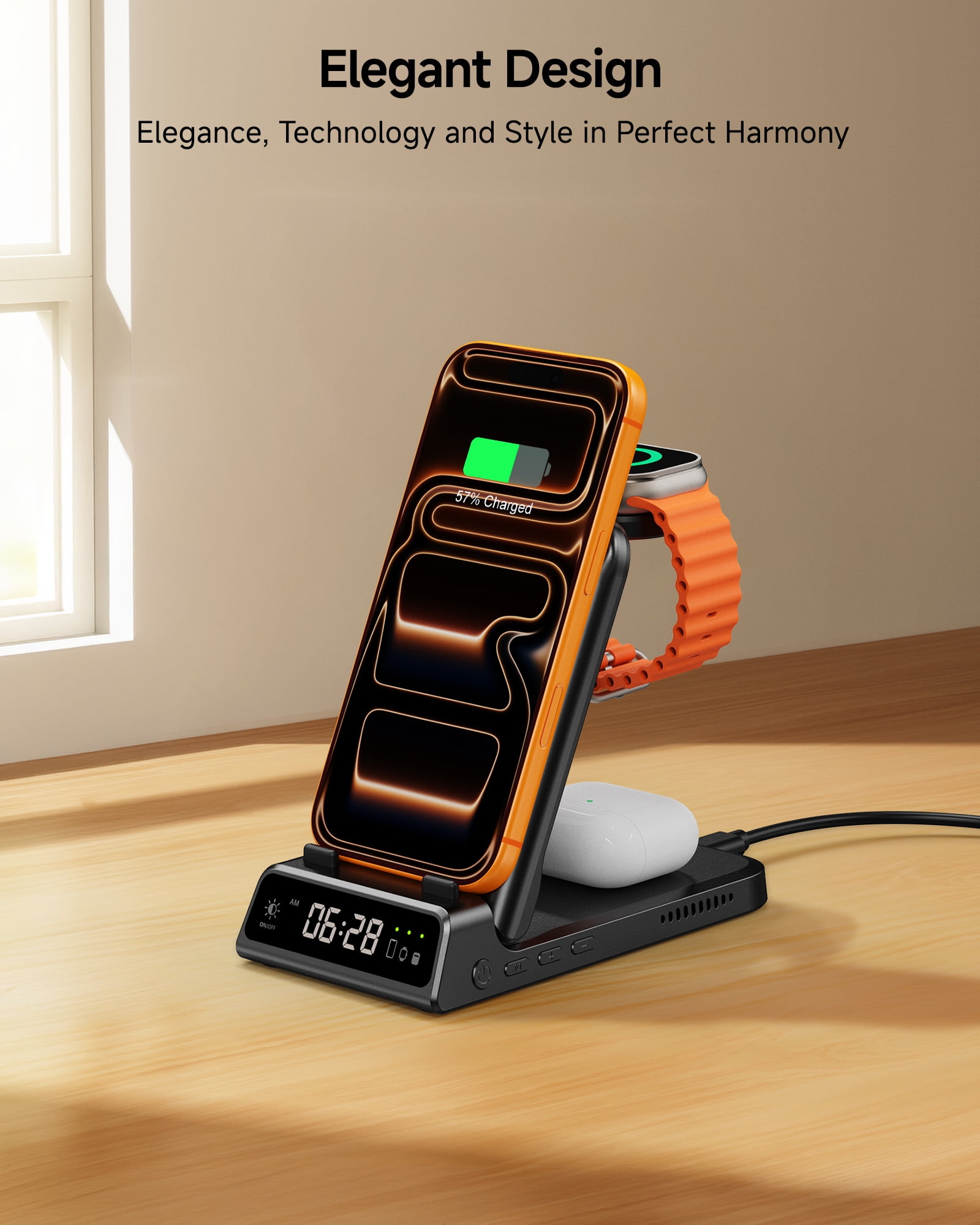Charging Station for iPhone, SwanScout 703A, Wireless Charger for iPhone 17/Air/16/15/14/13/12/11 Series, for Apple Watch 10/Ultra 2/9/8/7/6/5/SE 2, for Airpods Pro 3/2, Foldable and Portable
