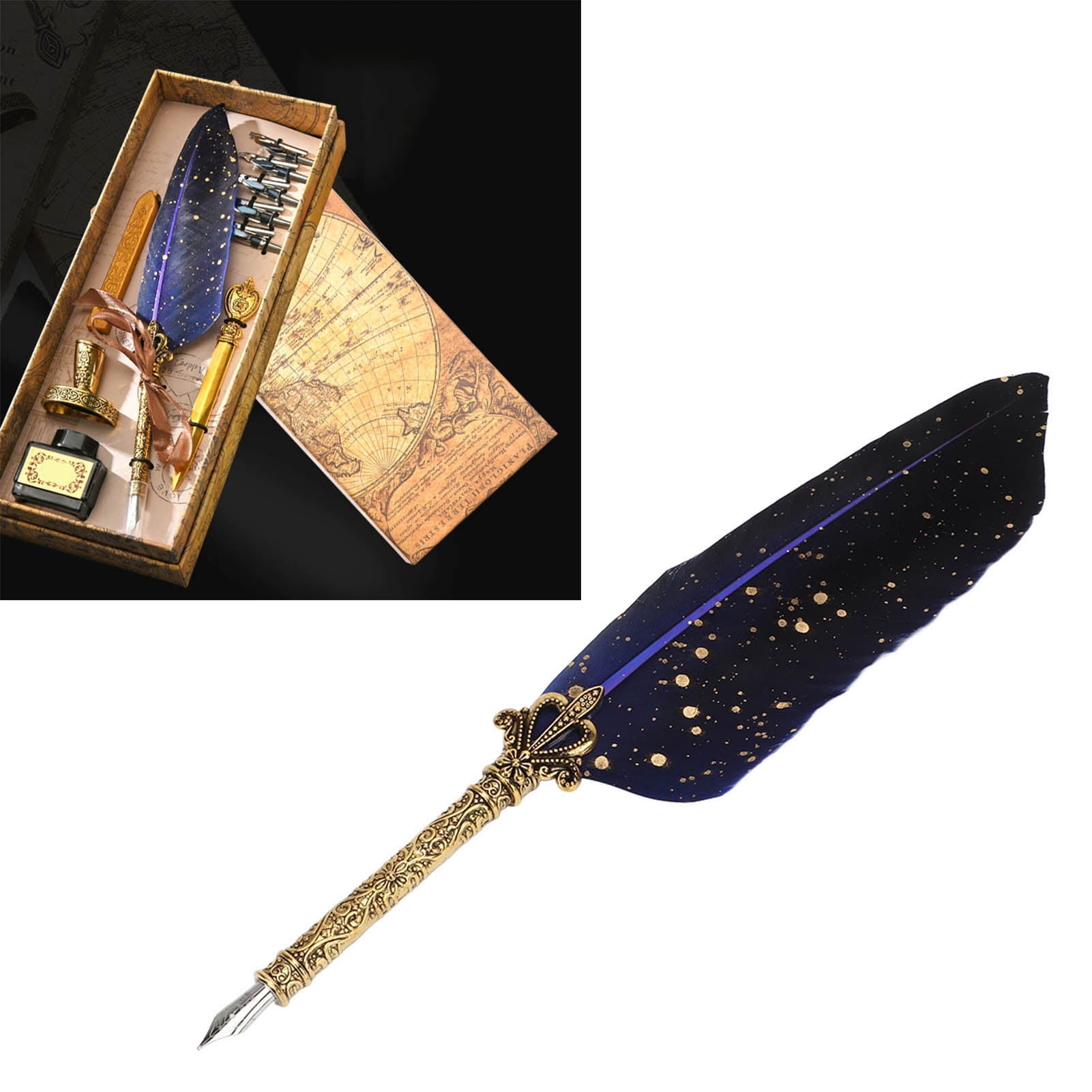 Yajisi Quill Pen Set Exquisite Retro Smoothing Writing Feather Calligraphy Pen Kit with Multiple Replacement Nibs Blue, 11.02 inches / 28.00 cm