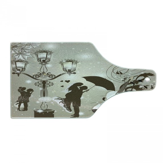 Romantic Cutting Board, Kissing Couples on Street Lanterns Violin Music Notes Love Theme Graphic, Decorative Tempered Glass Cutting and Serving Board, Wine Bottle Shape, Dust, by Ambesonne