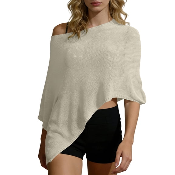 Lightweight Knit Hollow-Out Asymmetric Poncho Shawl for Women Solid Color Beach Cover-Up for Summer Vacation