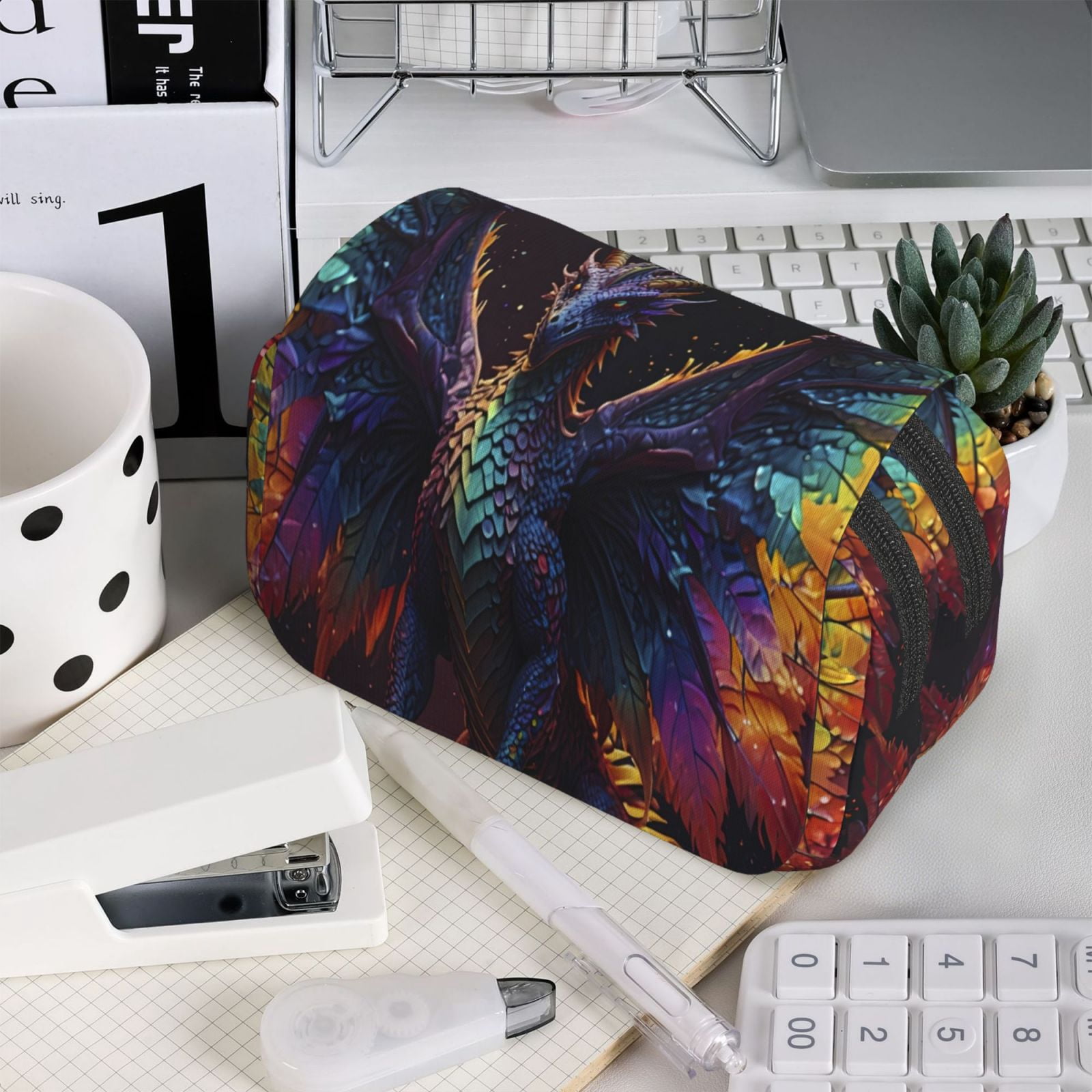 Rateoe Rainbow Wings Majestic Dragon Pattern Double Clamshell Pen Case, Storage Organizer with Two Zipper Compartments– Holds Up to 50 Pencils & Pens