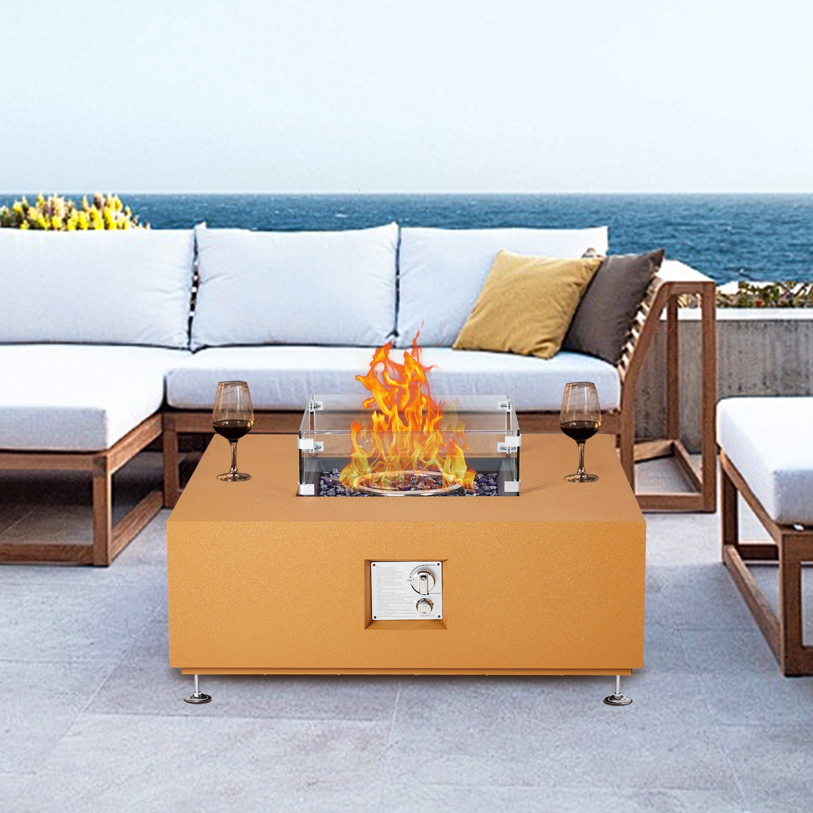 Outdoor Propane Gas Fire Pit Table, 50000 BTU Firepit with Wind Guard, Rain Cover for Outside Patio