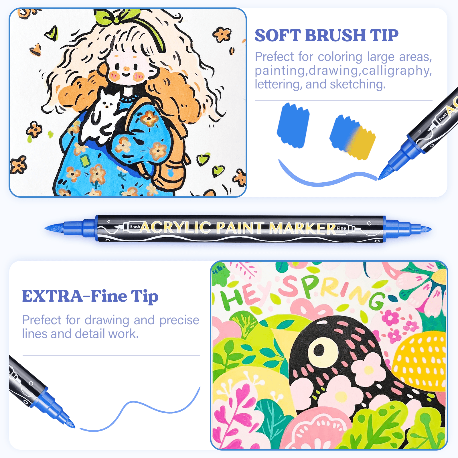 LET'S RESIN 36 Acrylic Paint Pens Markers, Fine&Brush Dual Tip Markers, Strong Coverage Bright Colored Pens for Rocks, Canvas, Wood, Glass, Fabric, Plastic, Drawing Supplies, Acrylic Paint Set