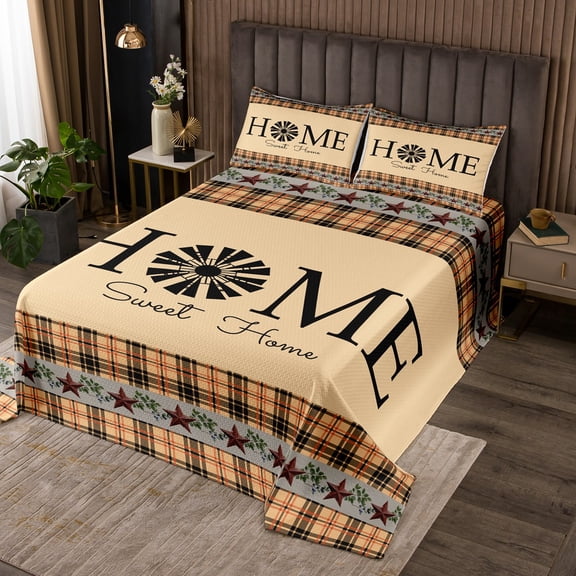 Erosebridal Primitive Country Farmhouse Quilt Set,Windmill Decor Bedspread Set Queen Tan Khaki Black Plaid Coverlet Set Western Vintage Bedding Set Rustic Farmhouse Bedroom Decor,2 Pillow Cases