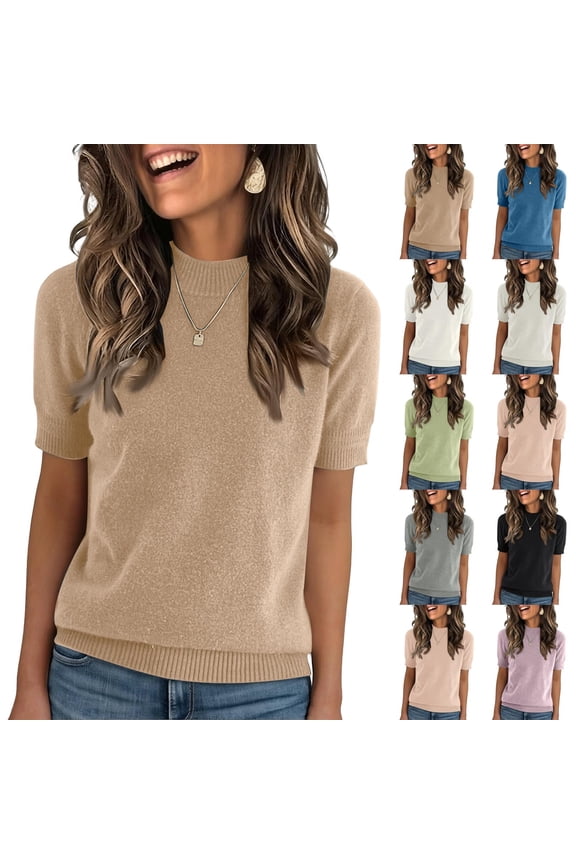 Womens Short Sleeve Tops Crew Neck Lightweight Pullover Sweaters Loose Dressy Casual Blouse Basic Clothes Pink L