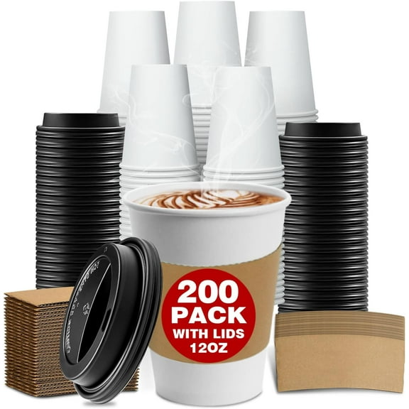 [200 Set] 12 oz Thickened Disposable Paper Coffee Cups with Lids and Sleeves To Go for Hot & Cold Beverages Tea Chocolate