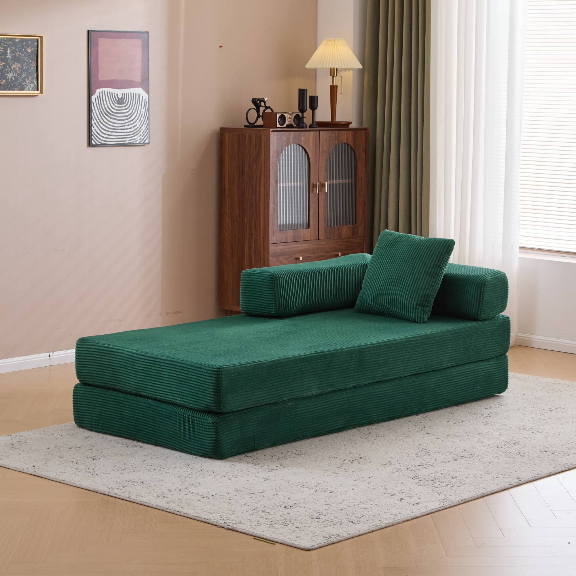 Convertible Sleeper Sofa Bed with Pillow, Corduroy Folding Mattress Floor Sofa Lounge Couch for Living Room, Bedroom, Green