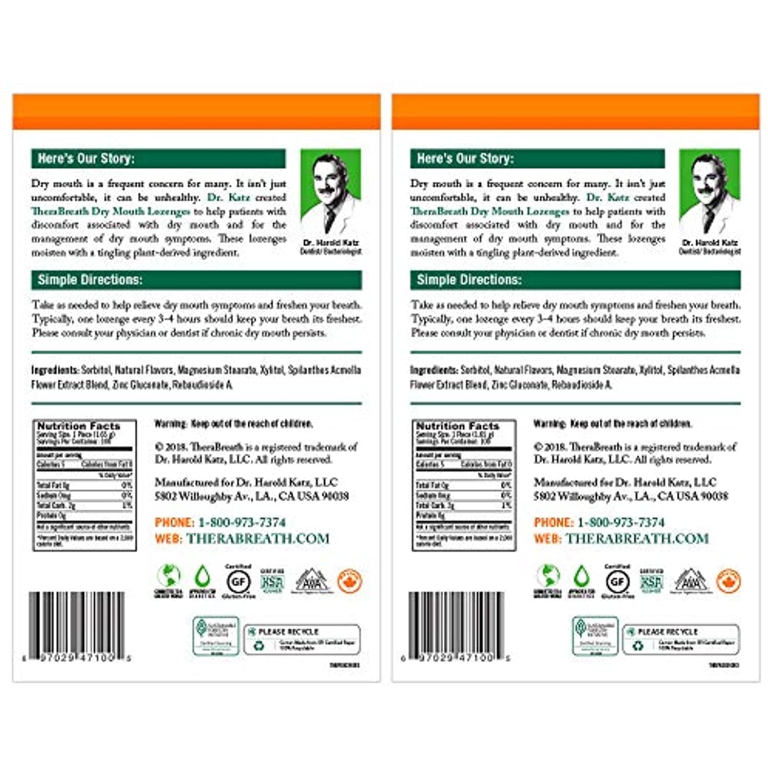 TheraBreath Dry Mouth Lozenges with Zinc, Mandarin Mint, 100 Count, 2 Pack