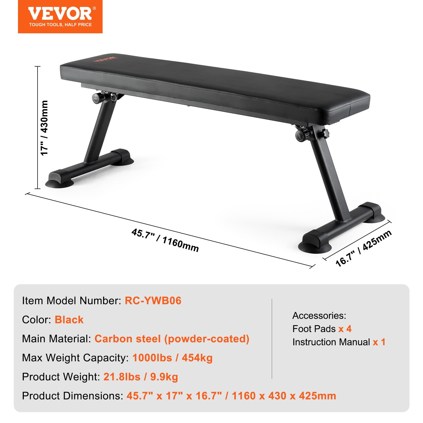 VEVOR Flat Weight Bench, Foldable Strength Training Bench, Utility Workout Bench for Full Body Workout,1000 LBS Press Bench for Home Gym Exercise,for Multi-Purpose Weight Training and Ab Exercises