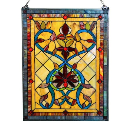 Fruit Bowl Stained Glass Window - River of Goods 24 in. Stained Glass Fiery Hearts and Flowers Window Panel
