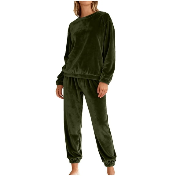 Oalirro Loungewear for Women Solid Color Velvet Fleece Long Sleeve Shirt And Jogger Pants Warm Velvet Pajama Set