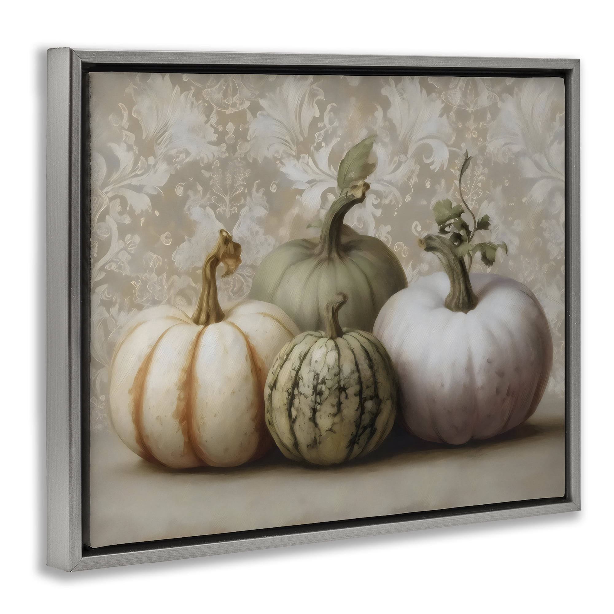 Stupell Industries Pastel Gourds on Vintage Pattern Gray Framed Floater Canvas Wall Art, design by Arlington Prints