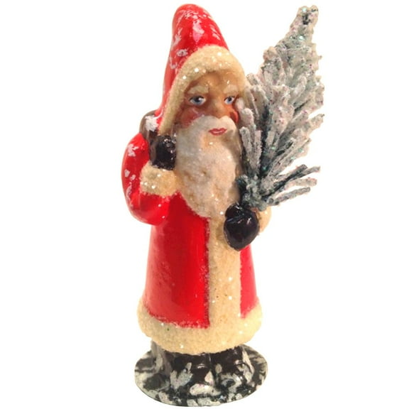 3.5" Santa in Red Coat Schaller Paper Mache Christmas Candy Container with Tree
