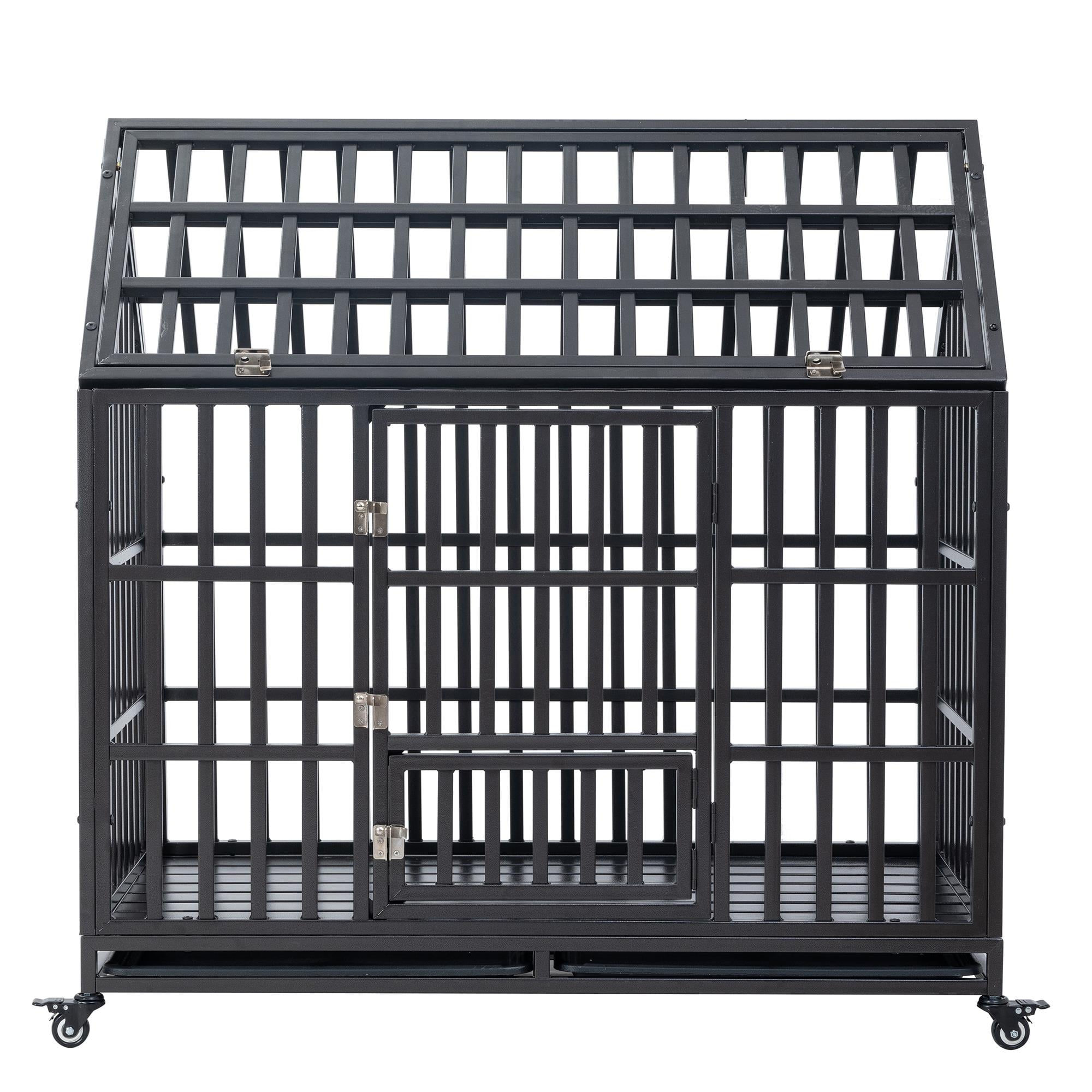 Pefilos 47" Heavy Duty Dog Crate Kennel with Window on Roof, Pet Cage Metal Playpen for Large Medium Dogs with 4 Lockable Wheels, Black Pefilos 47" Heavy Duty Dog Crate Kennel with Window on Roof, Pet Cage Metal Playpen for Large Medium Dogs with 4 Lockable Wheels, Black