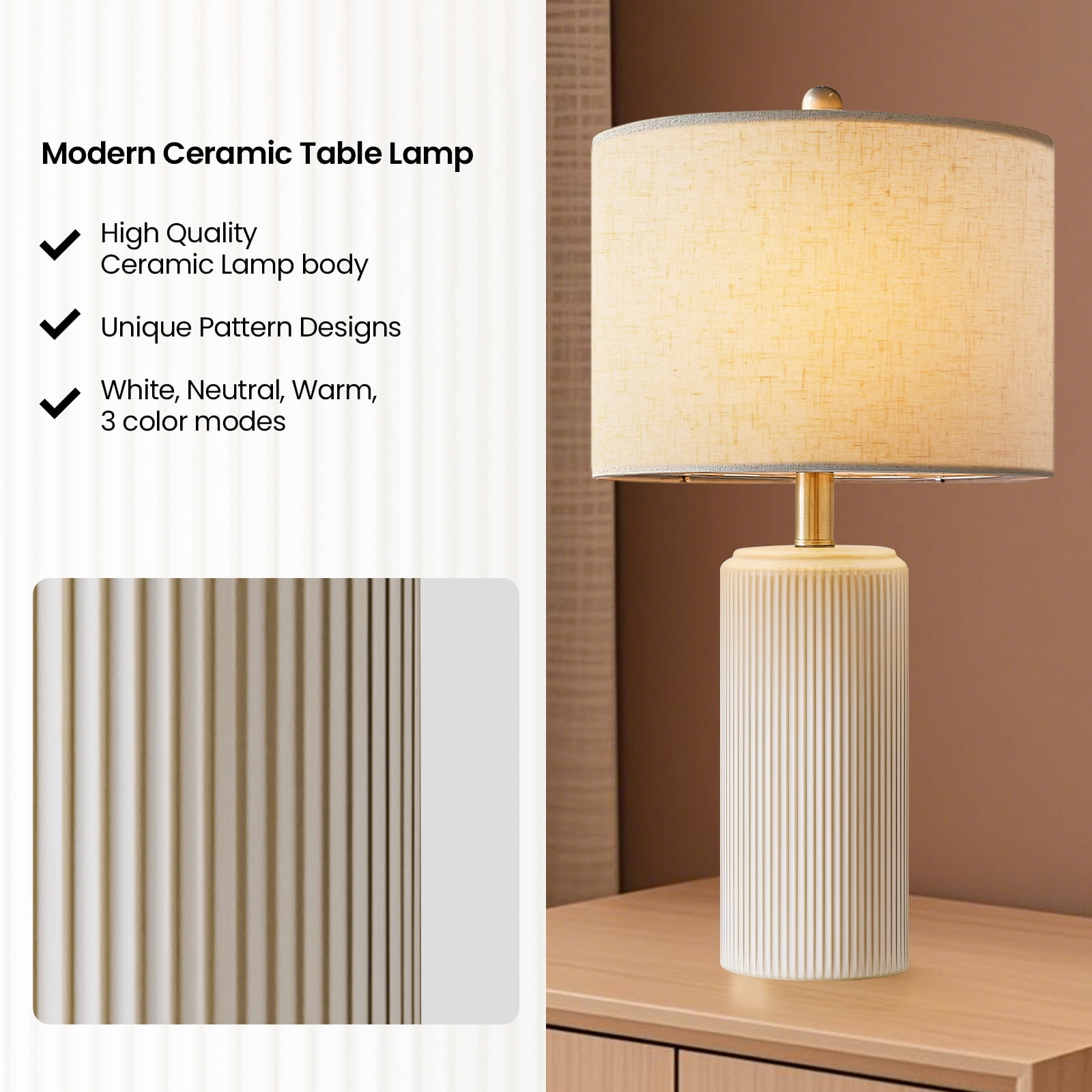 23" Ceramic Table Lamp Set of 2, 3-Level Dimmable Farmhouse Bedside Lamps for Bedroom, Nightstand Lamps for Living Room, LED Bulb Included