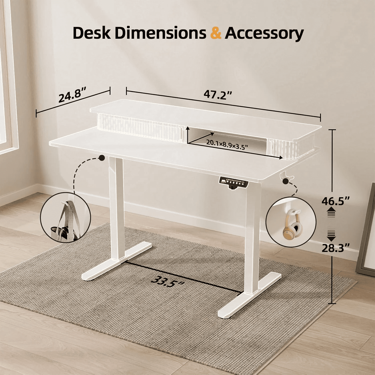 Height Adjustable Electric Standing Desk with Storage Shelves, 48 Inch Sit Stand Desk with 2 Hooks for Home Office, Grey Desktop & Black Frame