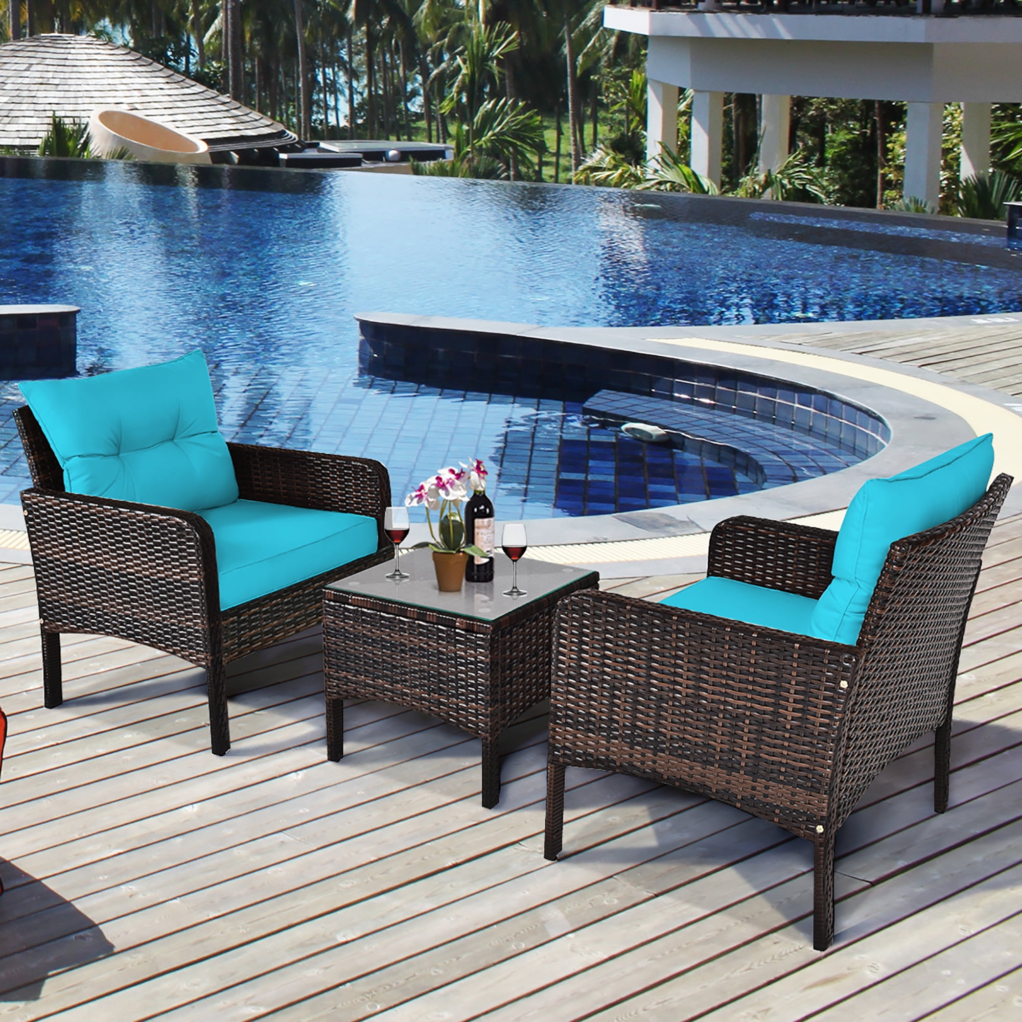Costway 3PCS Outdoor Rattan Conversation Set Patio Garden Cushioned Sofa Chair Turquoise