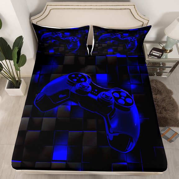 Black and Blue Fitted Sheet Queen,Modern Geometric Gaming Bed Sheets,Gradient Neon Cubes Gamer Sheets Plaid Grid(No Top Sheet)
