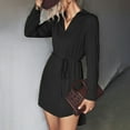 thumbnail image 6 of Fall Dresses for Women Long Sleeve V Neck Solid Color Short Shirts Dress Tie Waist Hi-Lo Hem Casual Work Mini Dress, 6 of 7