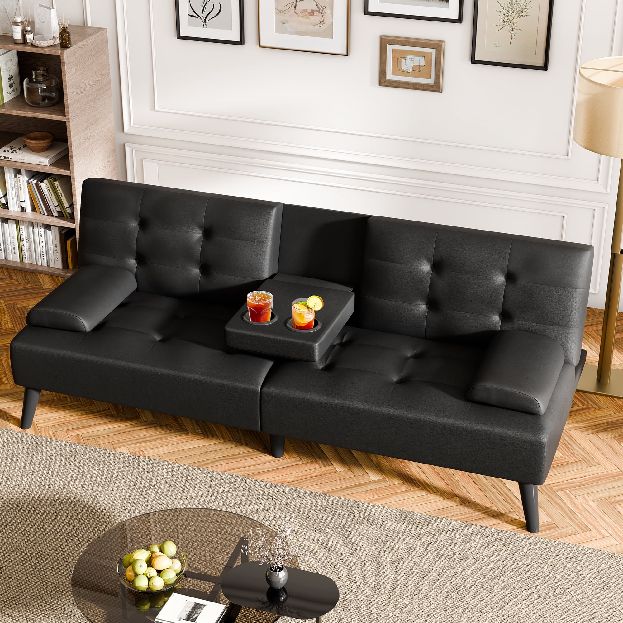 Walsunny Leather Convertible Futon Sofa Bed with 3-Angle Adjustable Split Back, Loveseat Sleeper Sofa Couch for Small Spaces & Guest Rooms, Black
