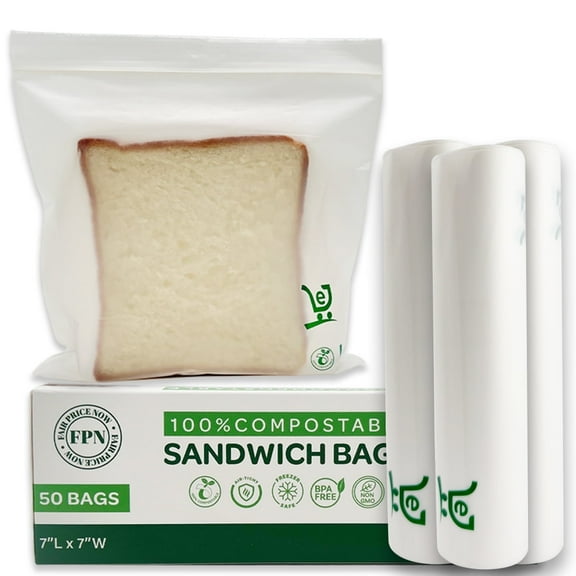 FPN Compostable Sandwich Bags – 200 Pack 7"x7", Biodegradable, Leakproof, Freezer-Safe Zip Bag for Food Storage & Meal Prep