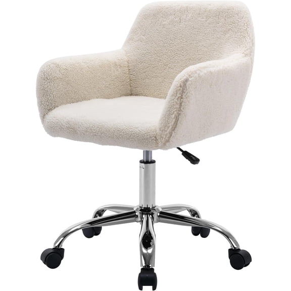 ZALIX Faux Fur 360°Swivel Desk Chair, Height Adjustable Home Office Armchair with Slivery Base for Teens Women Girls, Upholstery Computer Chair for Home Studios, Sherpa & White