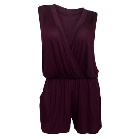eVogues Plus size Deep V-Neck Sleeveless Romper Wine