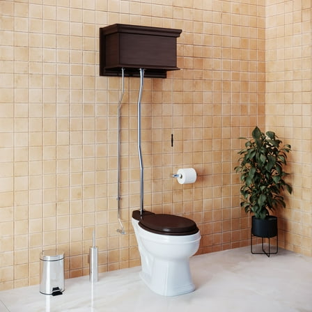 High Tank Pull Chain Toilet Wooden Tank Elongated White Bowl 1.6 GPF 59"- 74" Renovator's Supply