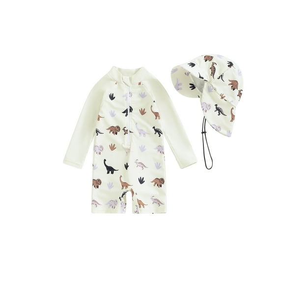 Bagilaanoe Toddler Baby Boy One-Piece Swimsuit Print Long Sleeve Zipper Rashguard Swimwear Swimming Cap 3M 6M 12M 18M 24M 3T Kids Jumpsuit Bathing Suit