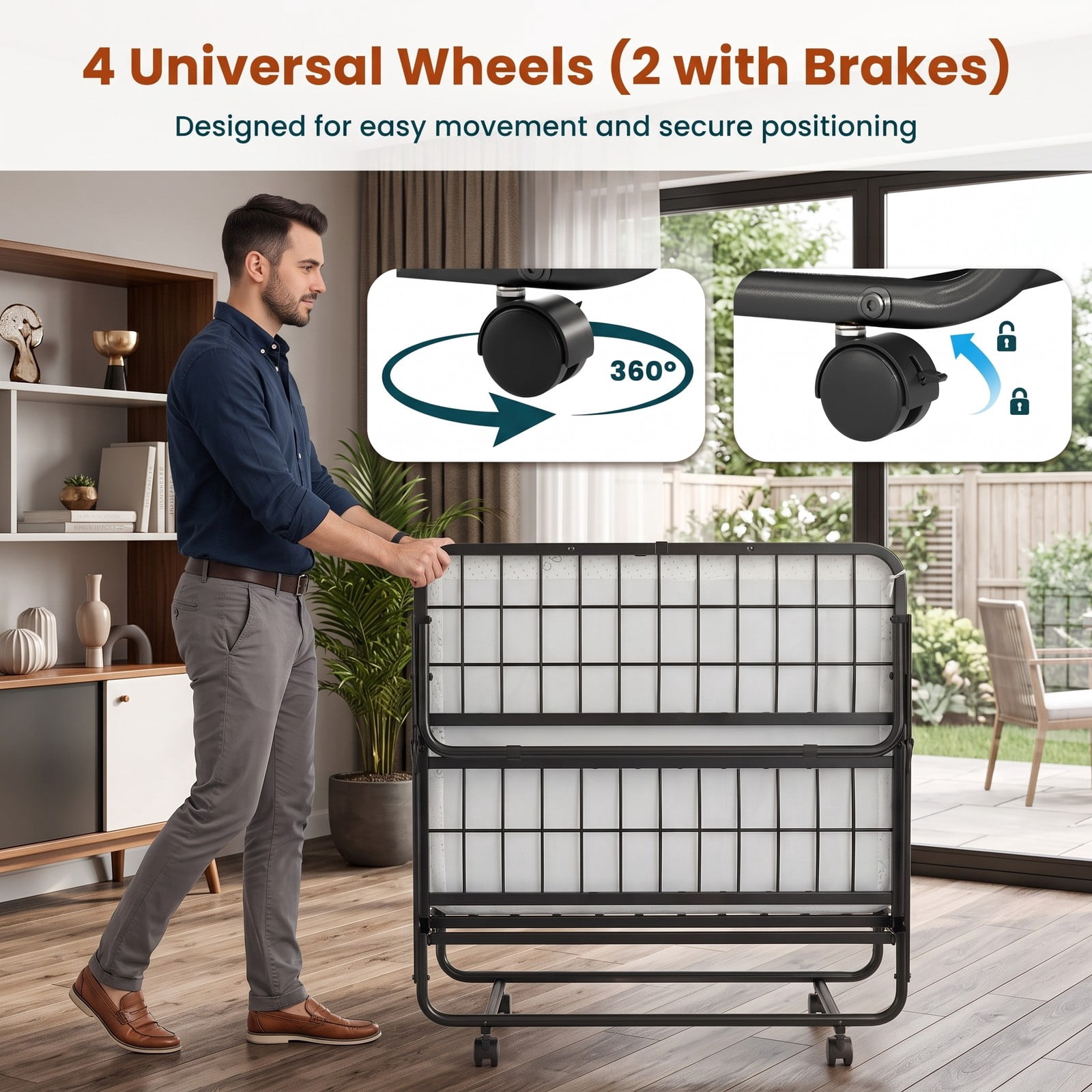 Furnibear Twin Bed Frame, Twin Folding Bed with 5 Inch Mattress, Rollaway Bed with Heavy Duty Metal Frame and Wheels for Guest Room, White and Black