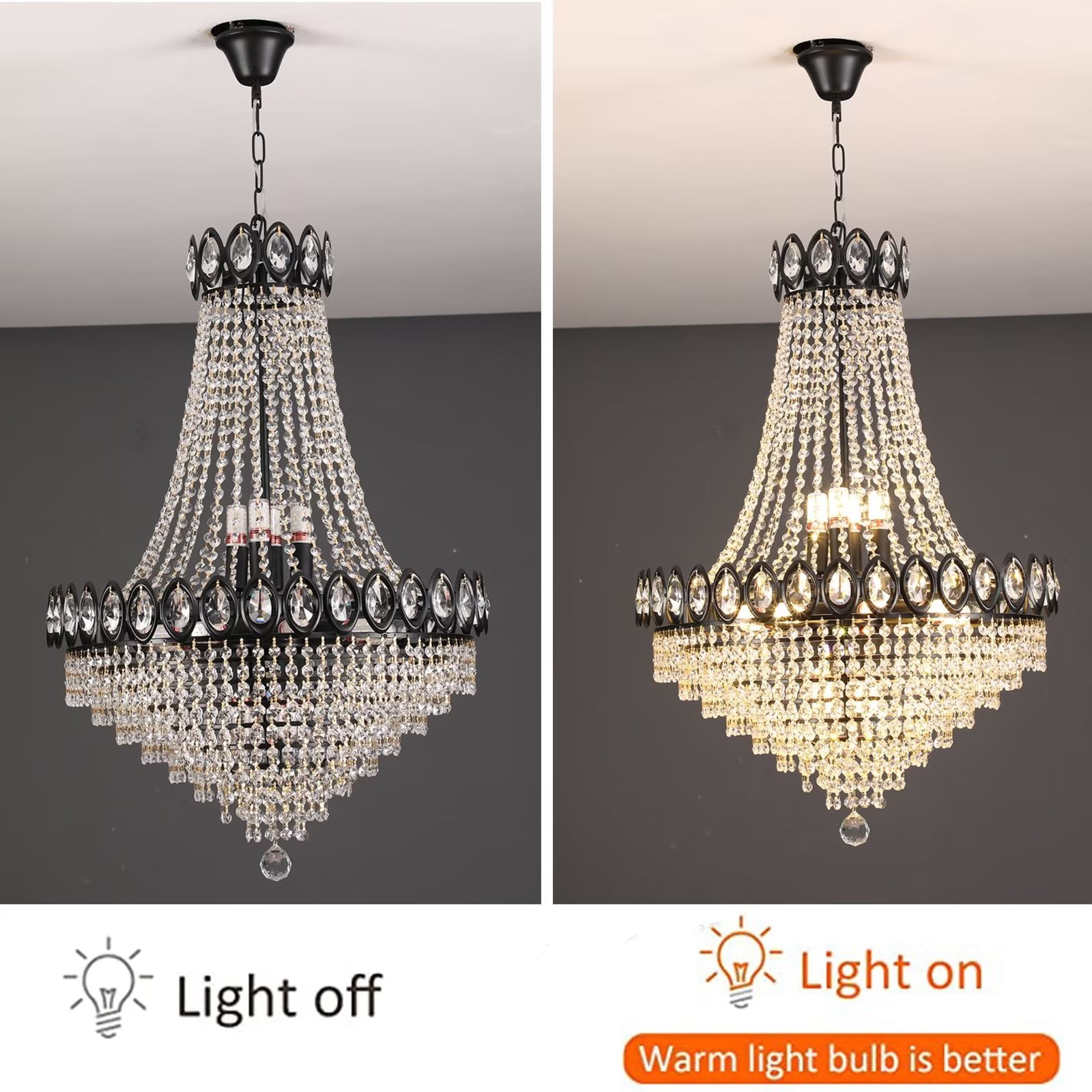 9-Light Empire Crystal Chandelier, Modern Luxurious K9 Crystal Pendant Light Ceiling Light Fixture for Living Room Dining Room
