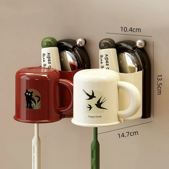 Couple 2-piece set Sucker Toothbrush Holder Wall Mounted with Suction Cup Mouthwash Cup Bathroom Storage Rack Space Saving Organizers-Green