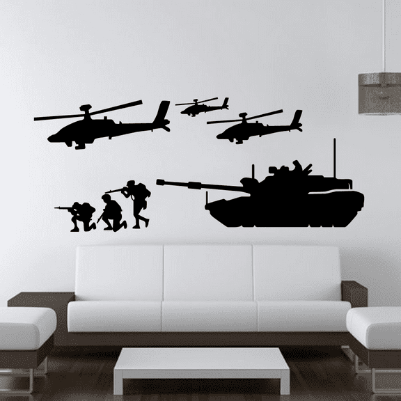 Military Plane Military Tank Brave Soldiers Army Silhouette Vinyl Wall Art Wall Sticker Wall Decal Home Room Bedroom Living Room Office Area Study Area Decoration Design Decor Size (6x10 inch)