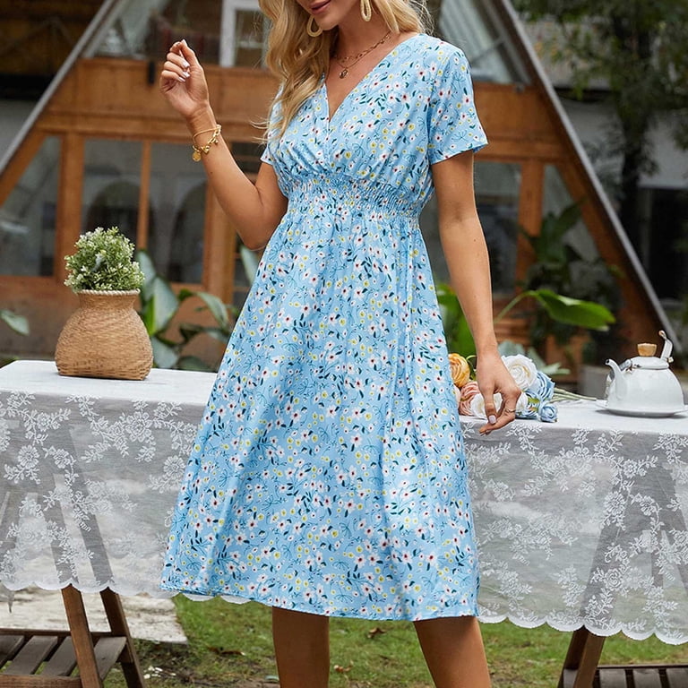Homenesgenics Spring Summer Plus Size Dresses for Women Beach Casual Women Casual Short Sleeve V-Neck Floral Dresses Slim Dress Blue S-XL - Walmart.com Homenesgenics Spring Summer Plus Size Dresses for Women Beach Casual Women Casual Short Sleeve V-Neck Floral Dresses Slim Dress Blue S-XL - Walmart.com
