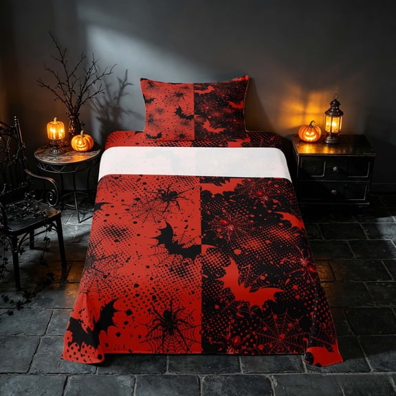 Homewish Halloween Bat Spider Web Twin Sheets, Grunge Halftone Bedding, Red Black, 3pcs (1 Flat Sheet, 1 Fitted Sheet and 1 Pillowcase)