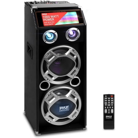 Pyle PSUFM1035A - 1000 Watt Disco Jam Powered Two-Way Bluetooth Speaker System w/ Flashing DJ Lights, USB/SD Card Readers, FM Radio, 3.5mm AUX Input, Graphic EQ & USB Charge Port
