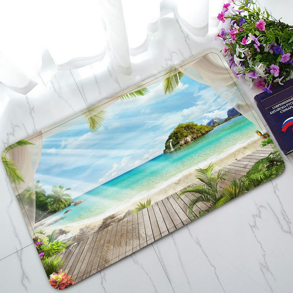 PHFZK Tropical Seascape Doormat, Ocean Island Paradise Beach with the