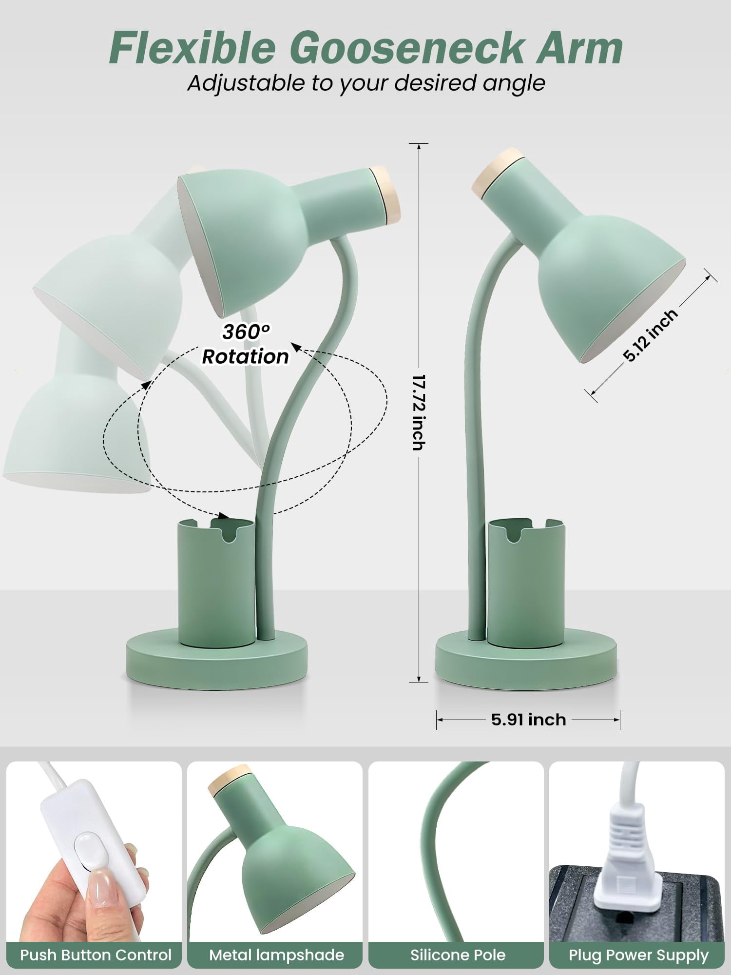 Led Desk Lamp For Home Office  Table With Pen Holder 3 Color Modes Reading Light Eye-caring Gooseneck Metal Study Dorm Bedside Bedroom (green Lamp)