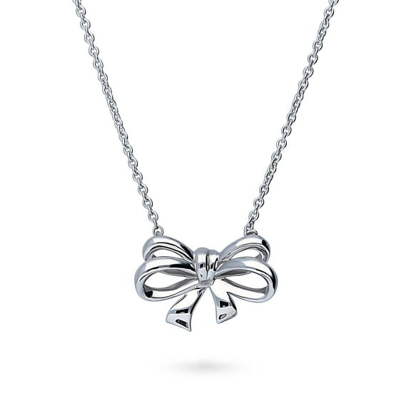 BERRICLE Sterling Silver Bow Tie Ribbon Mini Fashion Pendant Necklace for Women, Rhodium Plated 16 inch
