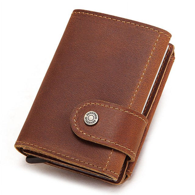 Monedero de cuero RFID para tarjetas de identificación automática, tarjetero de metal, tarjetero de cuero genuino para hombre