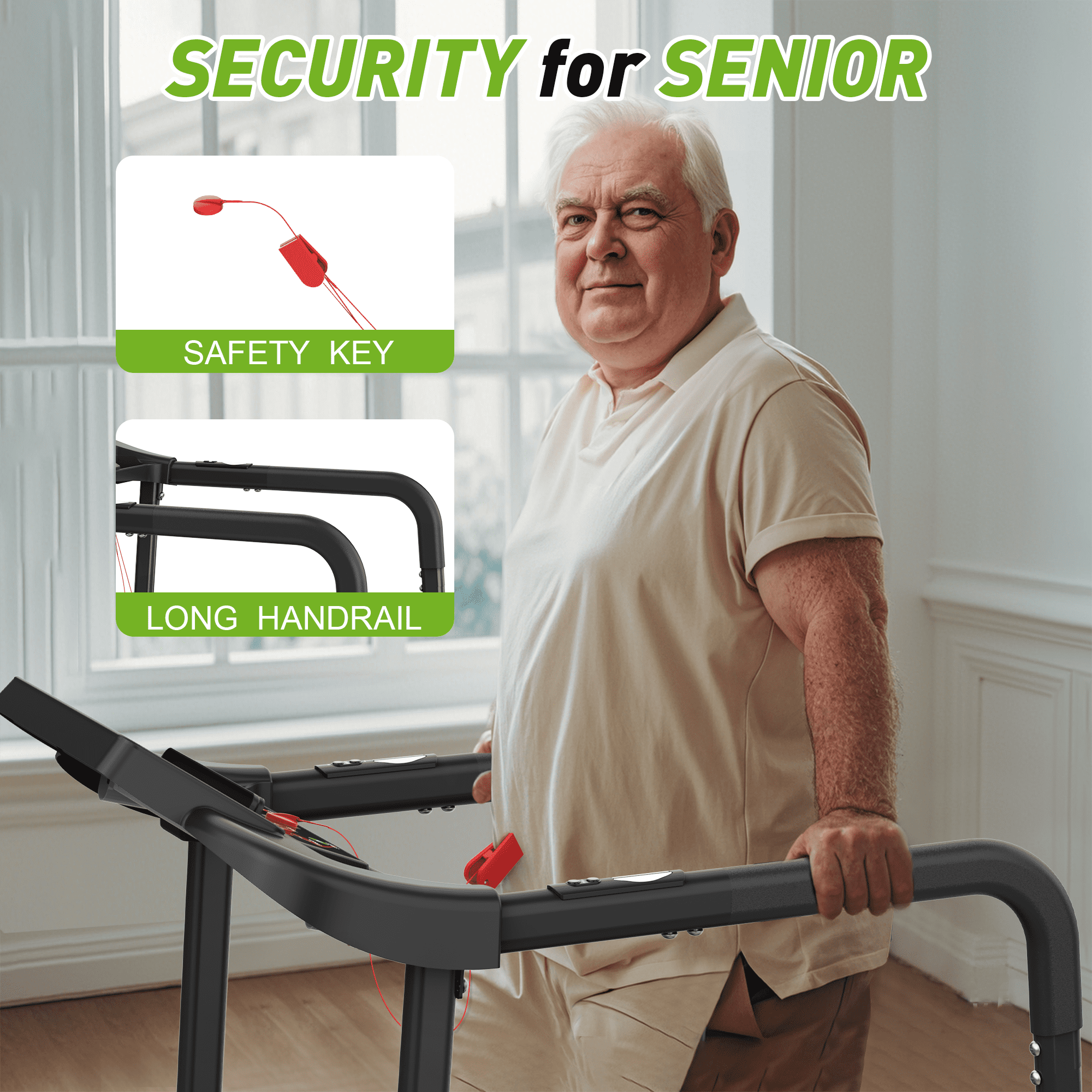 FLIMDER Foldable Treadmill for Senior, 2 in 1 Folding Exercise Treadmill with Long Handrail, 300 lbs Capacity 0.5-7.5 MPH