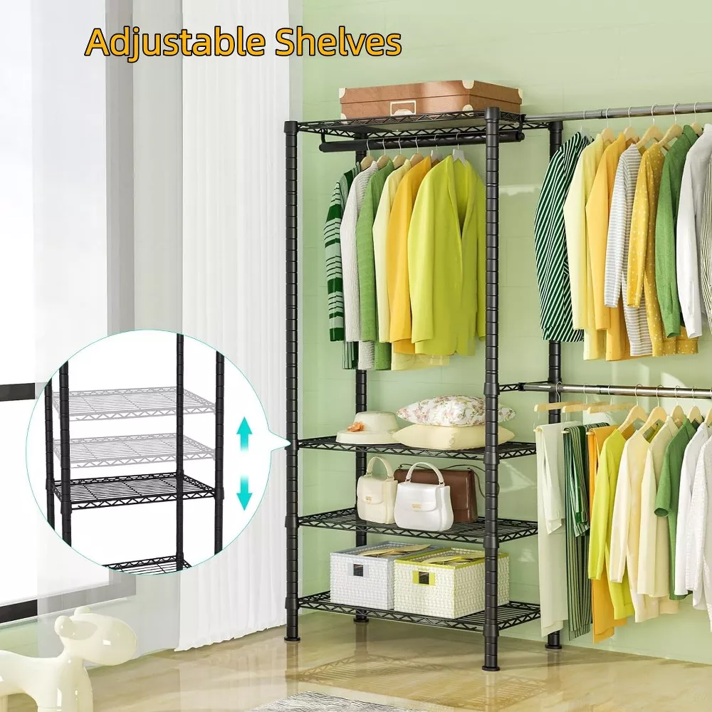 Sailvan 3-Tier Heavy Duty Garment Rack with Wheels, Adjustable Wire Clothes Rack with Double Hanging Rods & Side Hooks, Portable Closet,Black