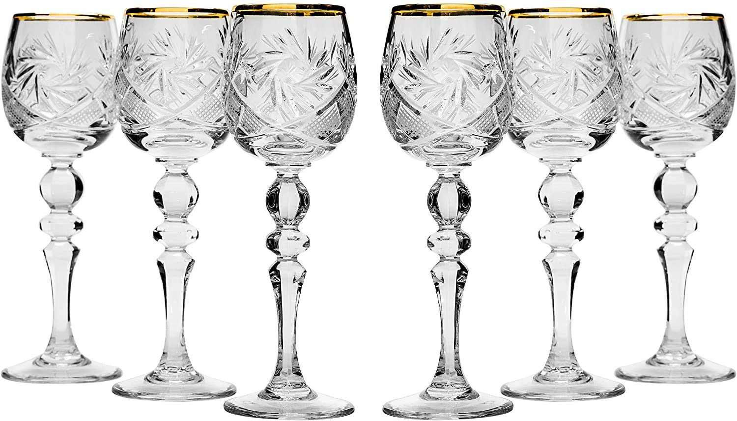 Set of 6 Cut Crystal Stemmed Shot Glasses 2 oz 24K Gold Rimmed Sherry