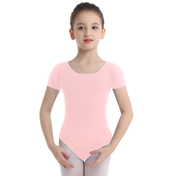Runhomal Kids Girls Team Basic Classic Tank Leotard Short Sleeve Gymnastics Ballet Dance Bodysuit Pink 4