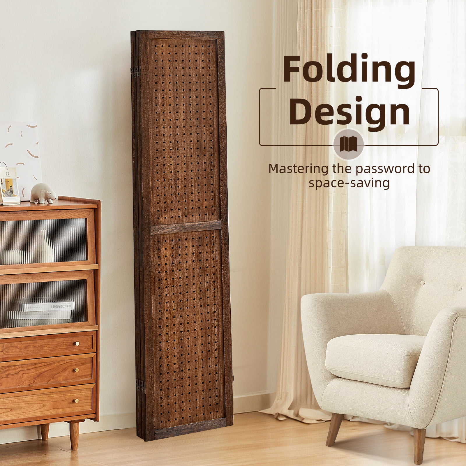 Aletheiawu 4 Panel Display with 16 Hooks, Wood Room Divider Wall, No Installation, Dark Brown