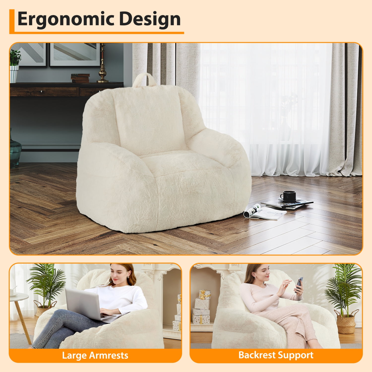 COZONY 39" Large Bean Bag Chair for Adults and Teens with High-Quality Filling, Versatile Sofa for Living Room, Basement, Game Room,white